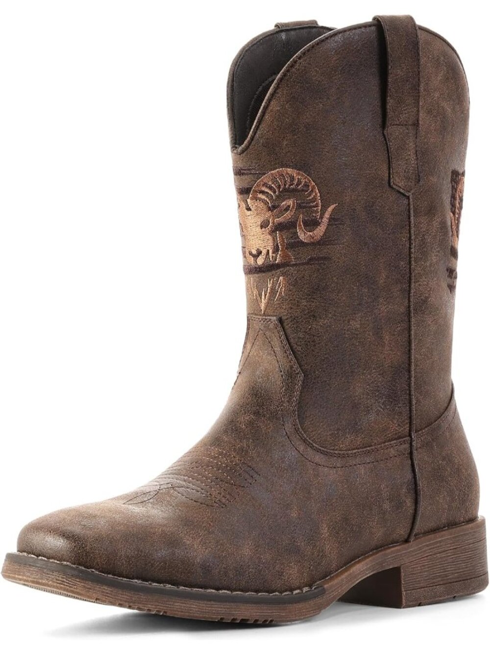🆕Men's Brown Dark Classic Embroidered Cowboy Boots Square Toe Western Boots